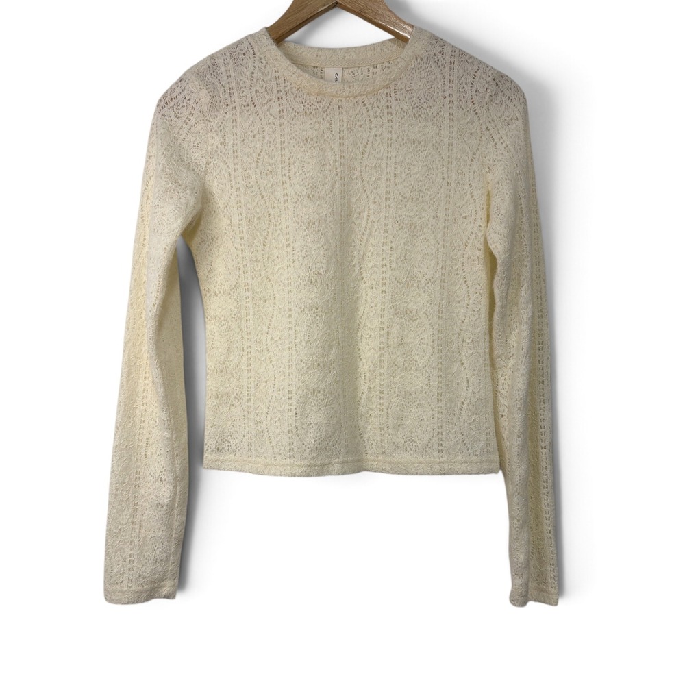 Commense Cream Lace Knit Long Sleeve Crew Neck Fuzzy Top NWOT